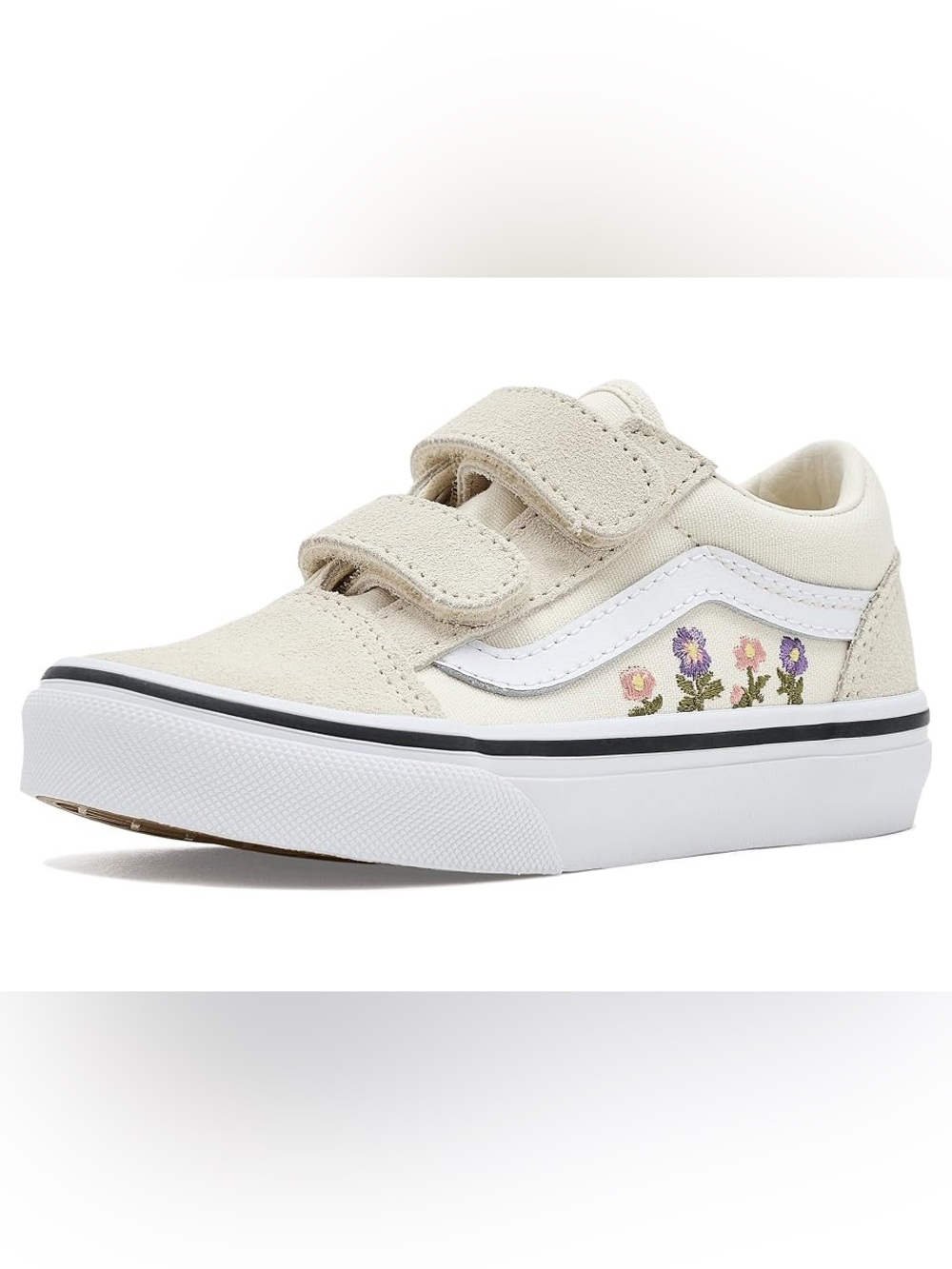 Vans Kids Old Skool Cream Sneaker w/ Embroidered Flowers